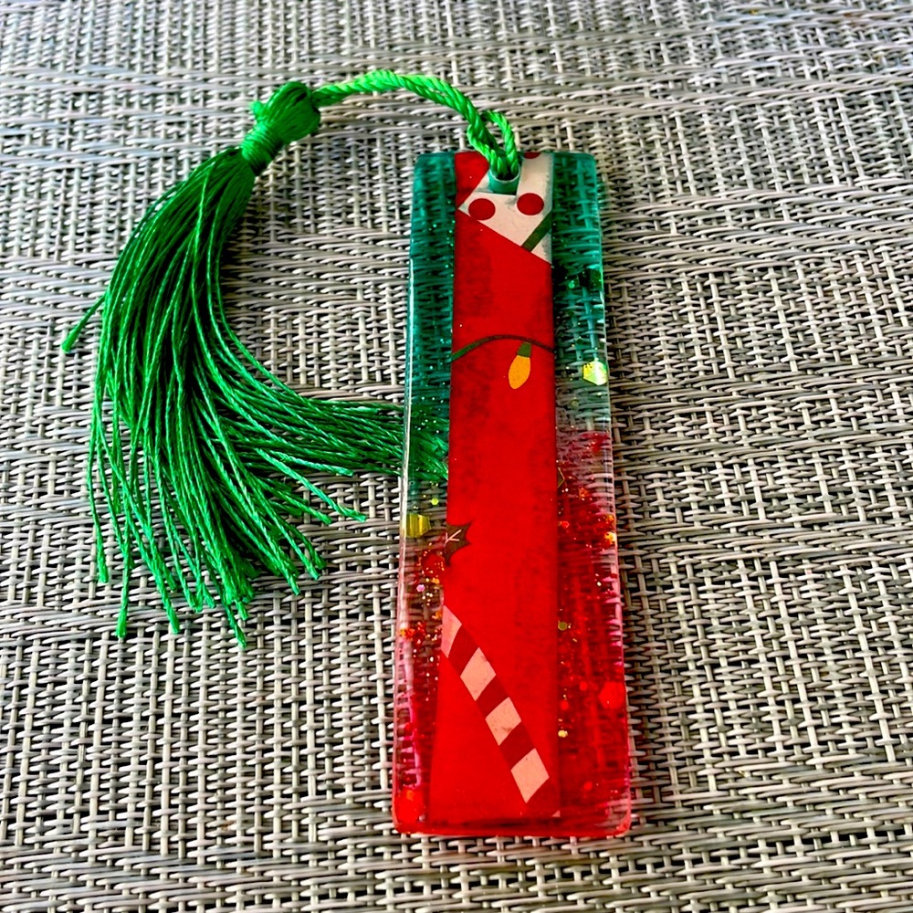 XMAS Handmade Festive Holiday Bookmark small Red Green with Red Strip
